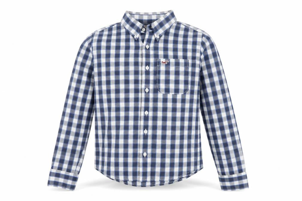 Front view of Hollister Teens Blue Check S Button-Up Long Sleeve Shirt