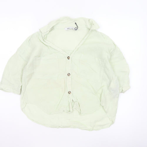 Zara Women Green XS Linen Button-Up Short Sleeve Pocket Shirt