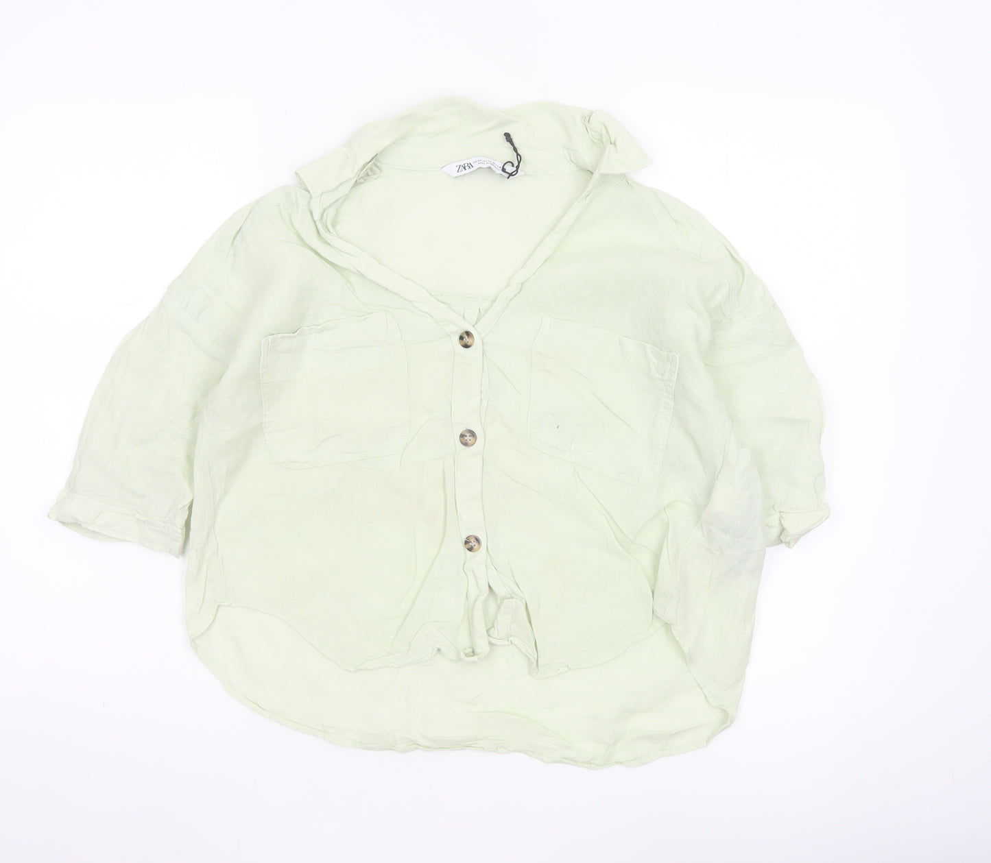 Zara Women Green XS Linen Button-Up Short Sleeve Pocket Shirt