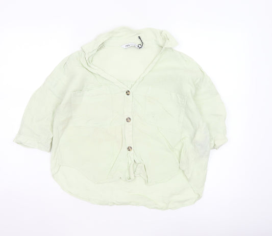Zara Women Green XS Linen Button-Up Short Sleeve Pocket Shirt