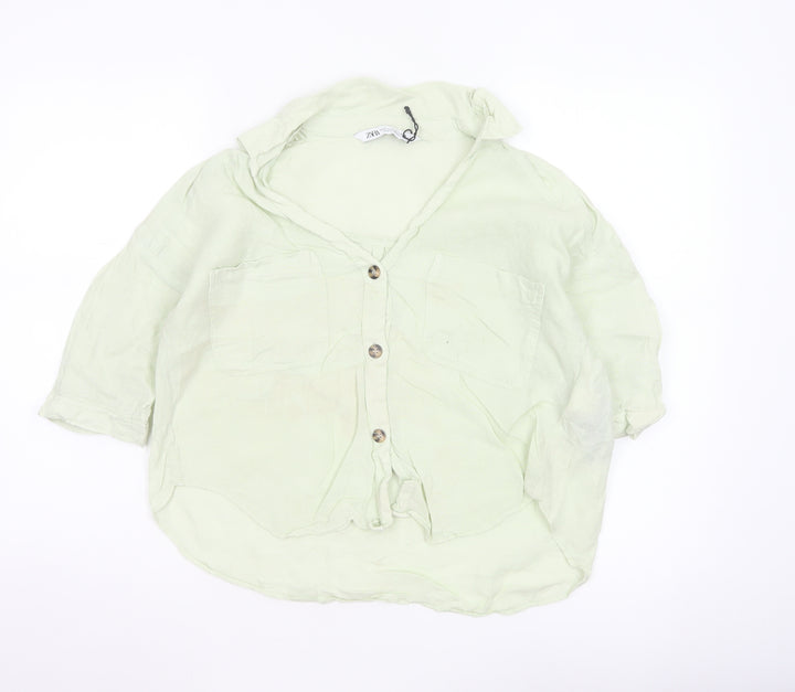 Zara Women Green XS Linen Button-Up Short Sleeve Pocket Shirt