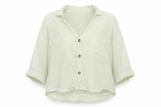 Zara Women Green XS Linen Button-Up Short Sleeve Pocket Shirt