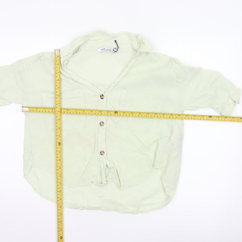 Zara Women Green XS Linen Button-Up Short Sleeve Pocket Shirt