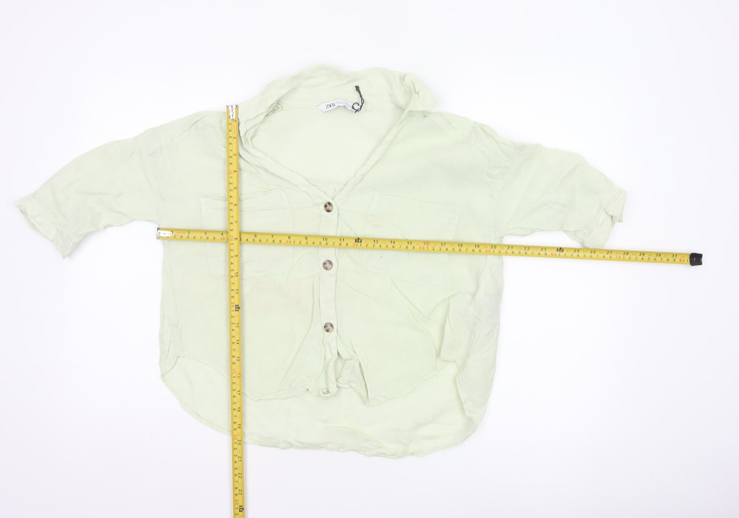 Zara Women Green XS Linen Button-Up Short Sleeve Pocket Shirt