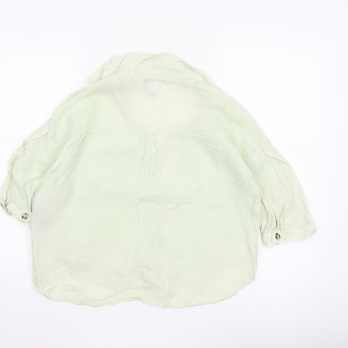 Zara Women Green XS Linen Button-Up Short Sleeve Pocket Shirt