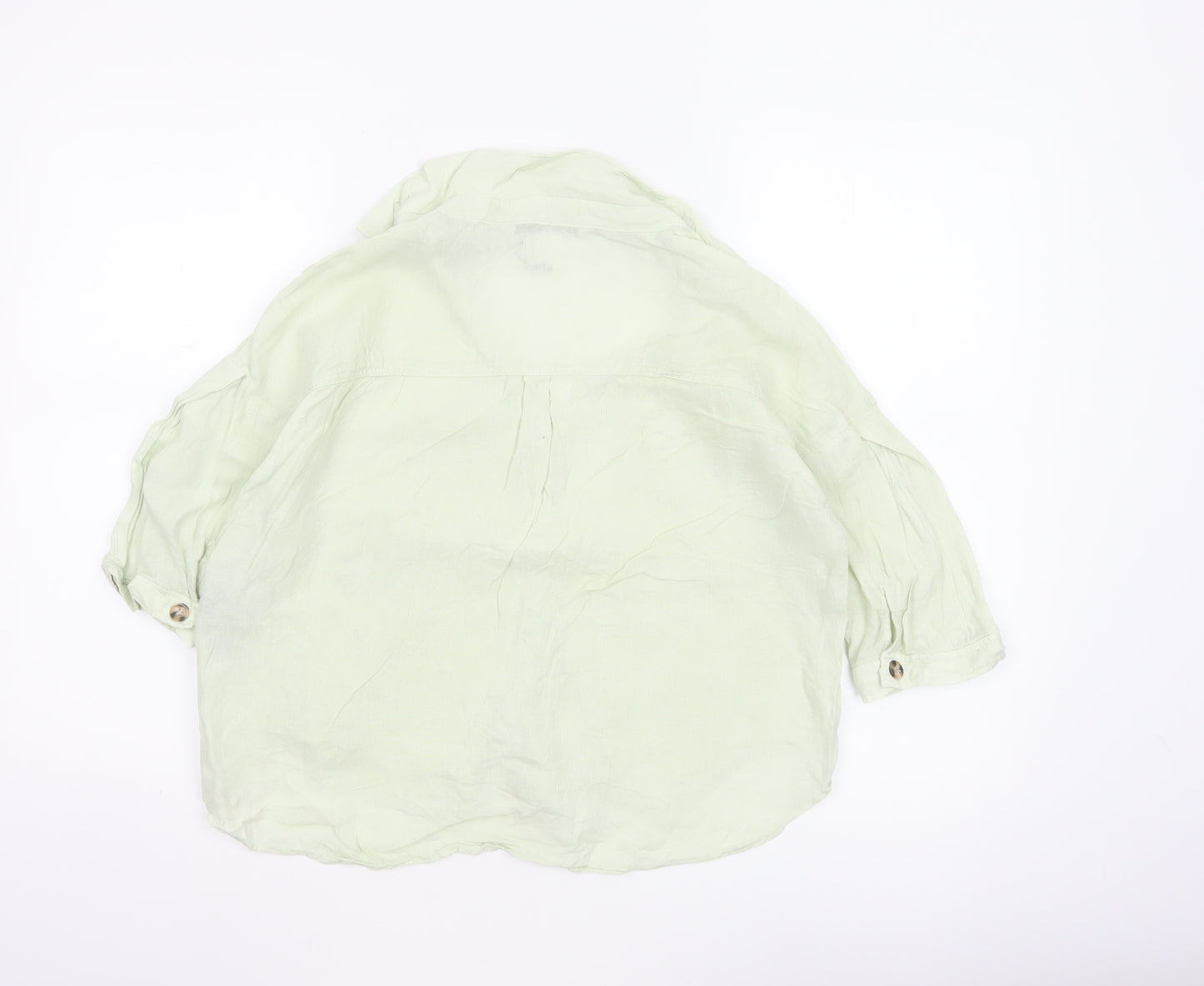 Zara Women Green XS Linen Button-Up Short Sleeve Pocket Shirt