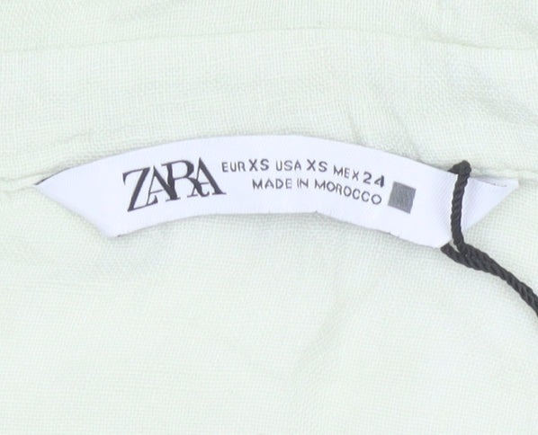 Zara Women Green XS Linen Button-Up Short Sleeve Pocket Shirt