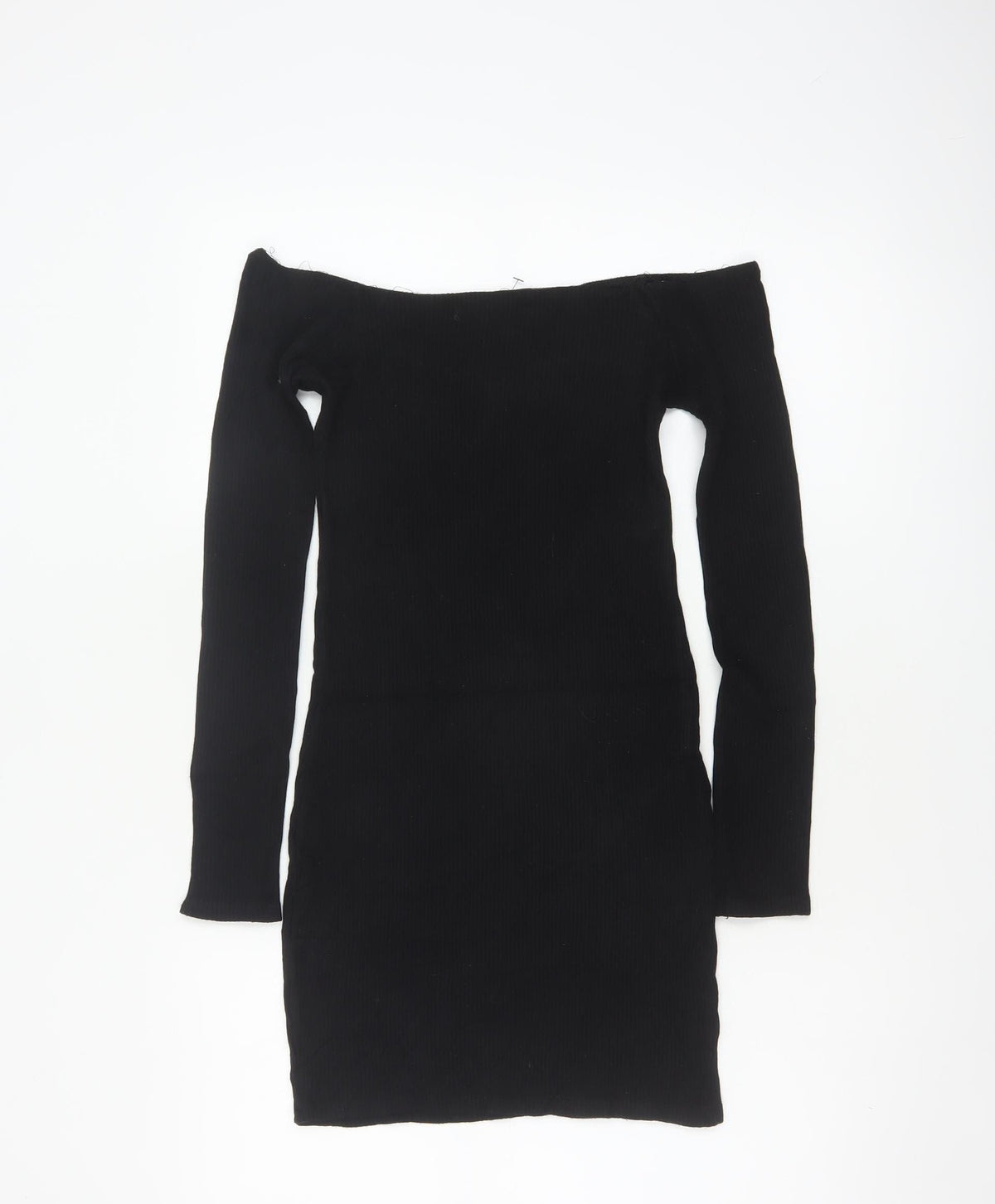Back view of Pull&Bear Women Black M Off Shoulder Rib Knit Slim Jumper Dress