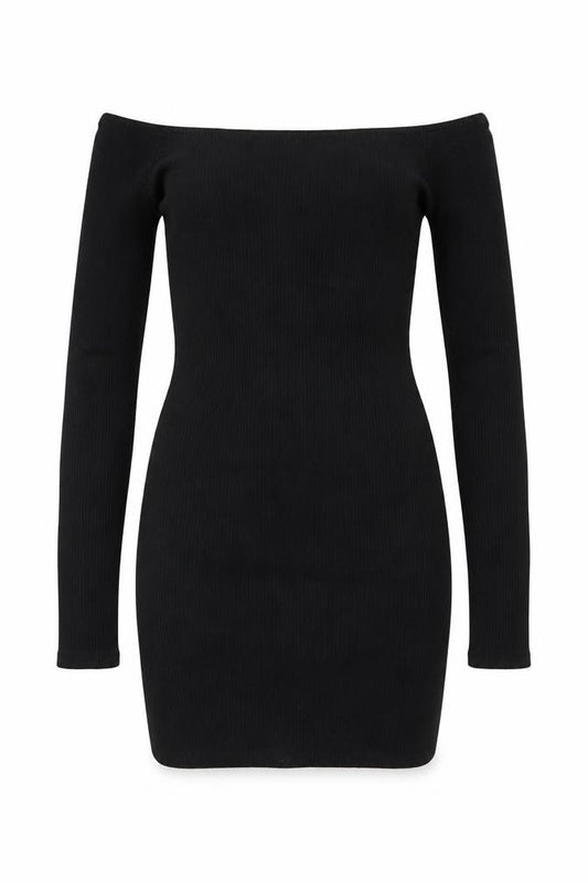 Pull&Bear Women Black M Off Shoulder Rib Knit Slim Jumper Dress