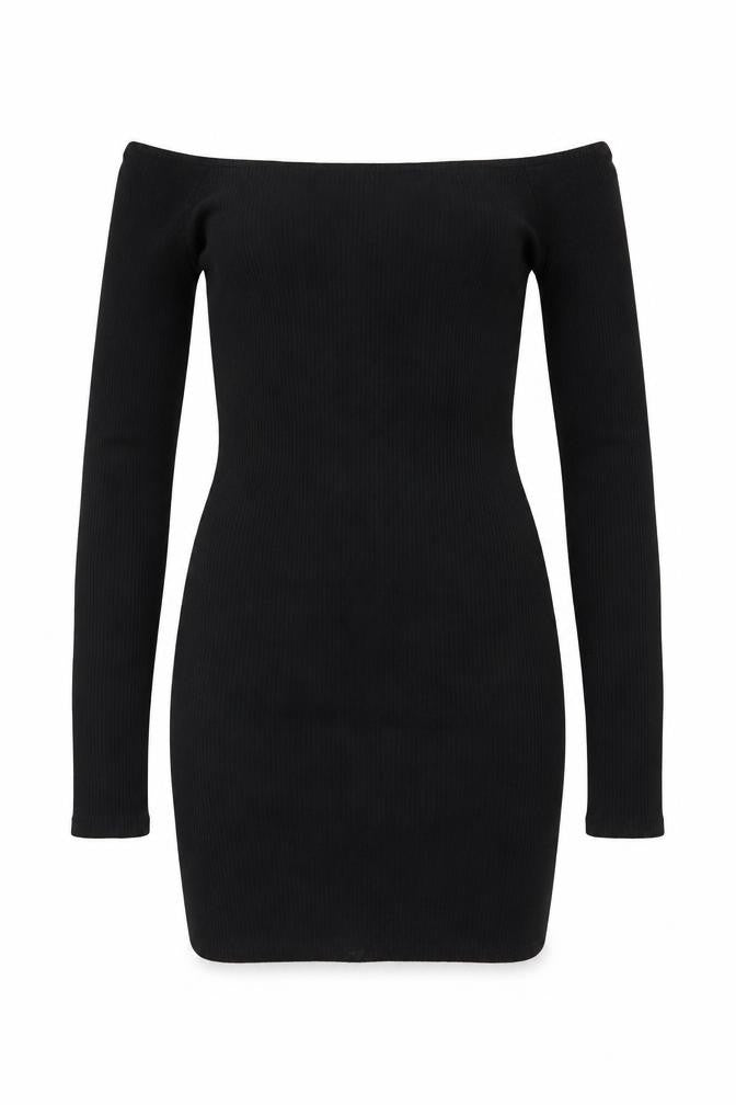 Pull&Bear Women Black M Off Shoulder Rib Knit Slim Jumper Dress