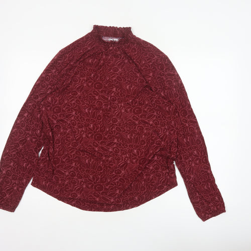 Lands' End Women Red L Floral High Neck Long Sleeve Stretch Blouse