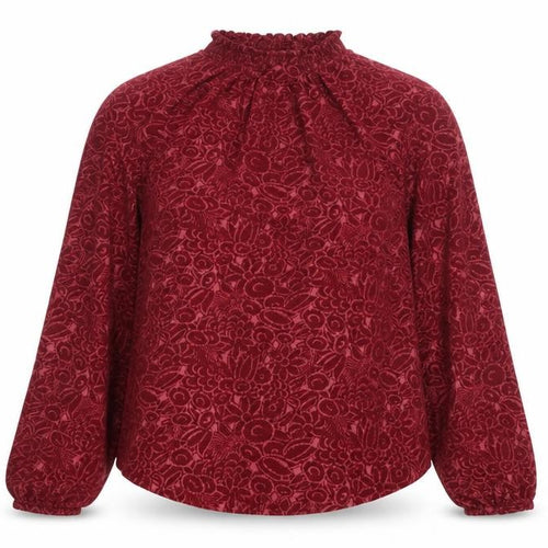 Lands' End Women Red L Floral High Neck Long Sleeve Stretch Blouse