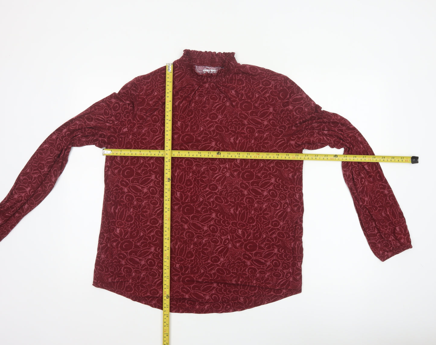 Lands' End Women Red L Floral High Neck Long Sleeve Stretch Blouse