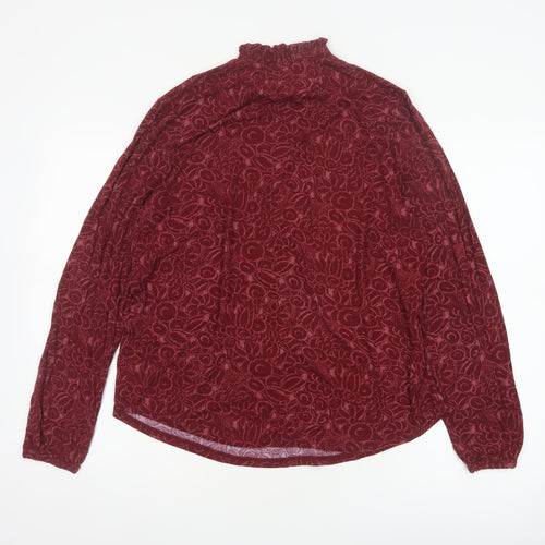 Lands' End Women Red L Floral High Neck Long Sleeve Stretch Blouse