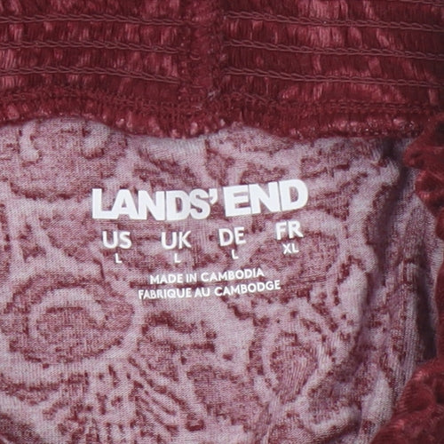 Lands' End Women Red L Floral High Neck Long Sleeve Stretch Blouse