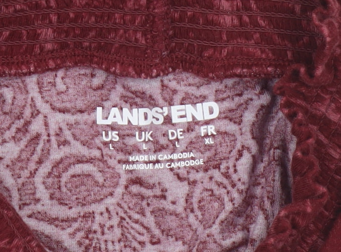 Lands' End Women Red L Floral High Neck Long Sleeve Stretch Blouse