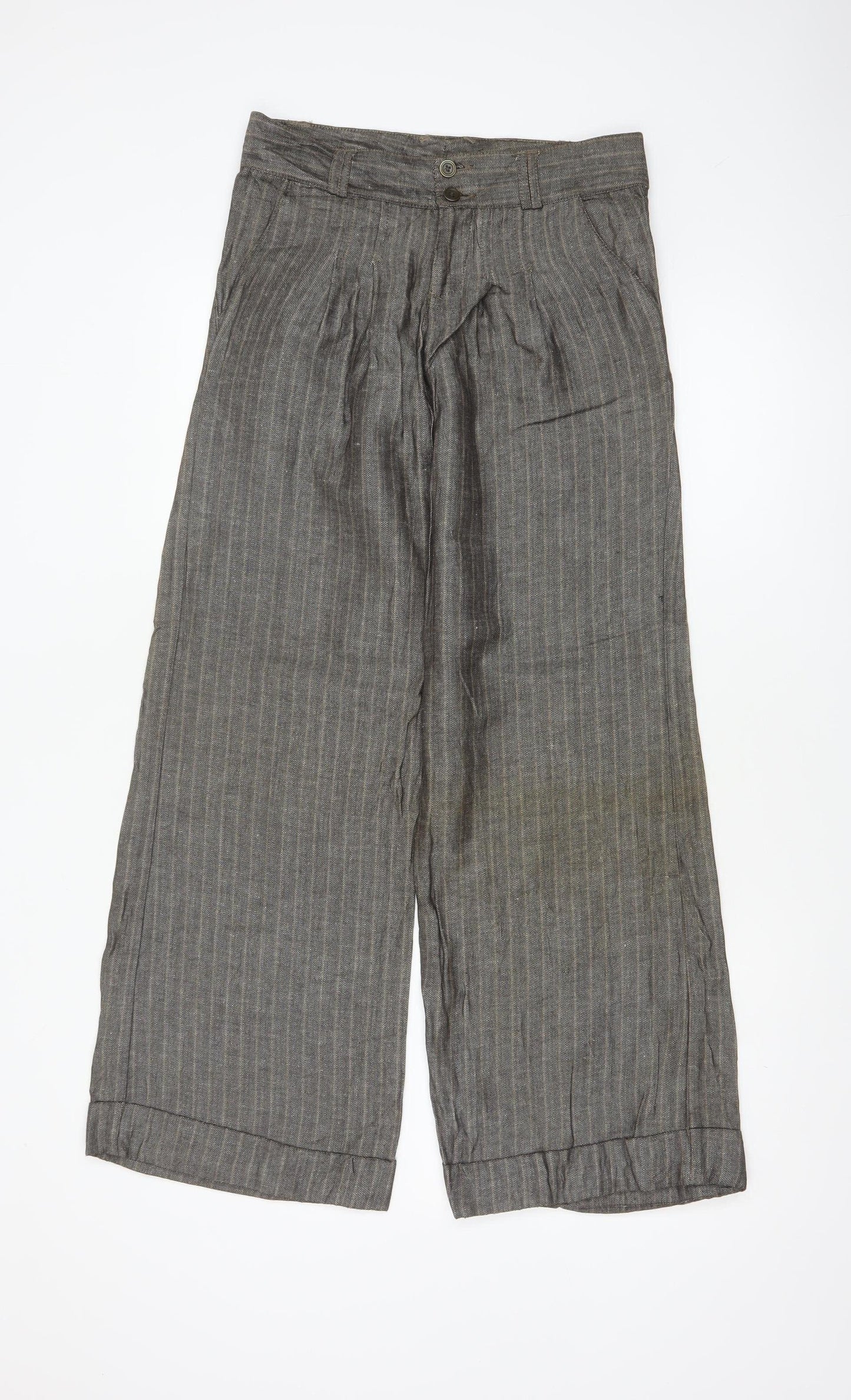 Topshop Women Grey Herringbone Wide Leg Linen Trousers UK 6 Long