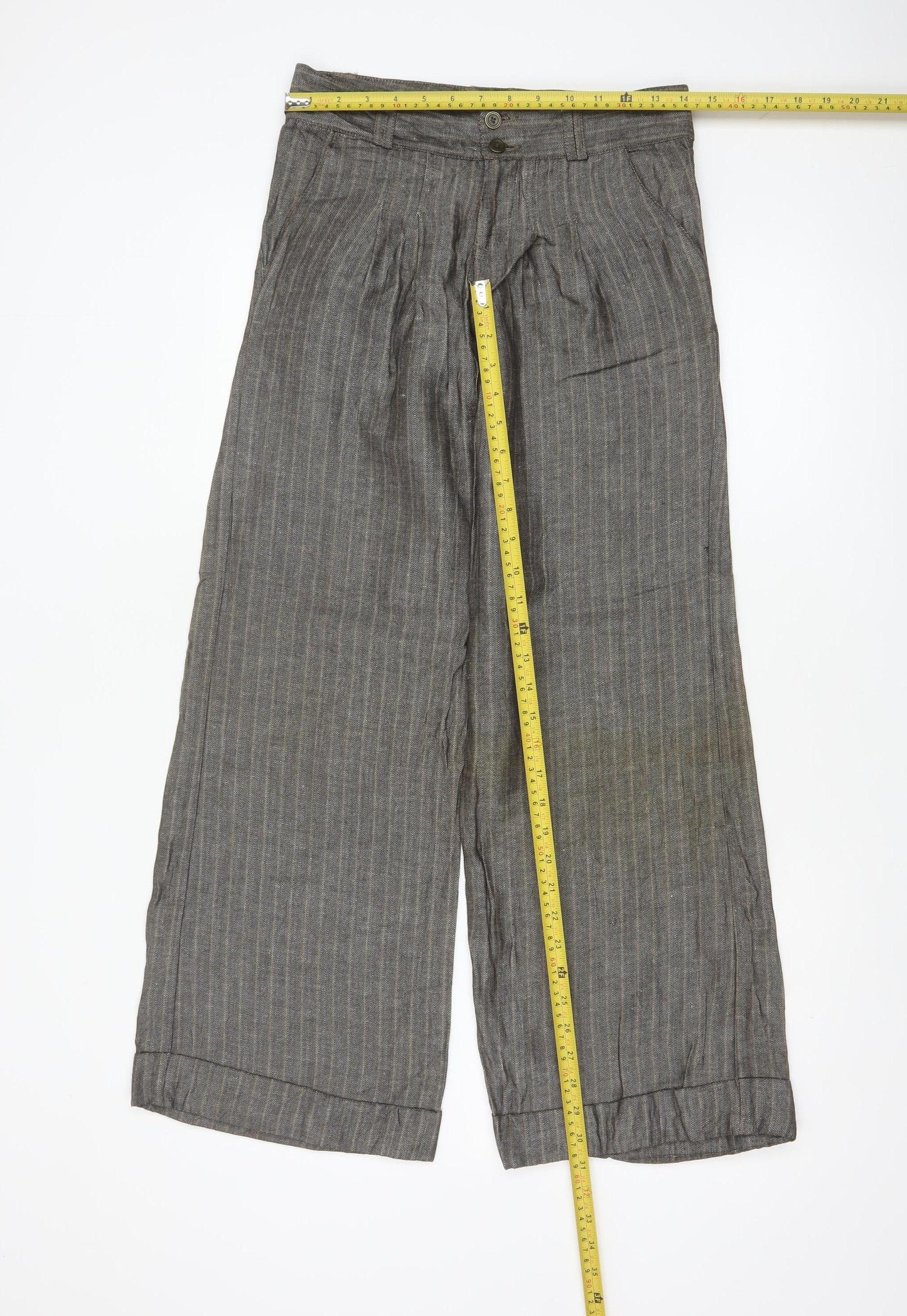Topshop Women Grey Herringbone Wide Leg Linen Trousers UK 6 Long