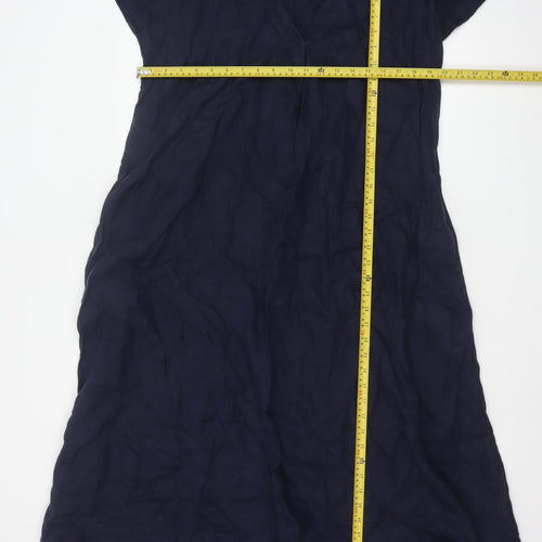John Lewis Women Blue Linen Size 12 A-Line Long V-Neck Dress