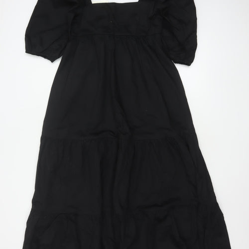 Zara Women Black XS Maxi Dress Square Neck Puff Sleeve Tiered Cotton
