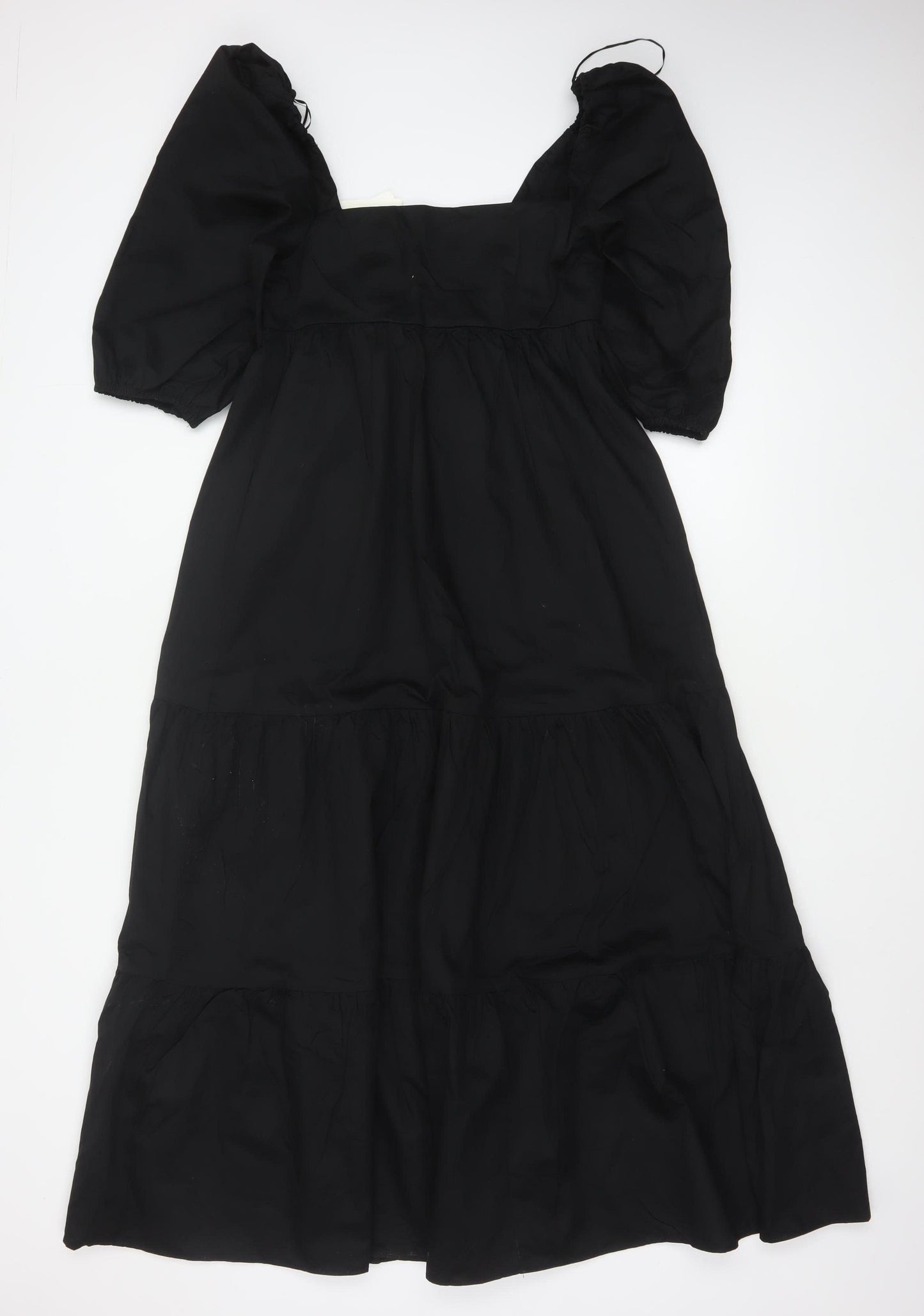 Zara Women Black XS Maxi Dress Square Neck Puff Sleeve Tiered Cotton