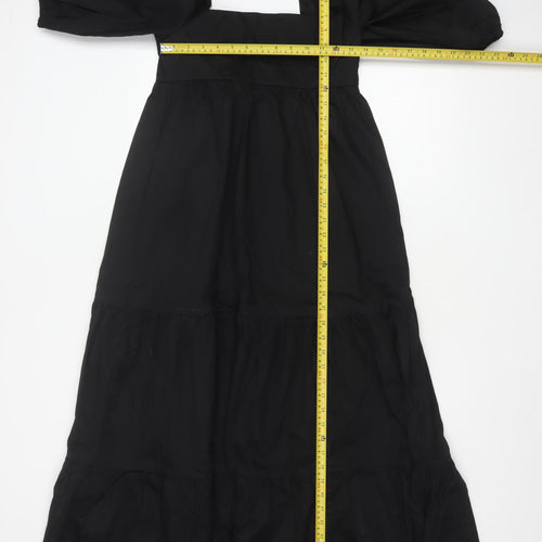Zara Women Black XS Maxi Dress Square Neck Puff Sleeve Tiered Cotton