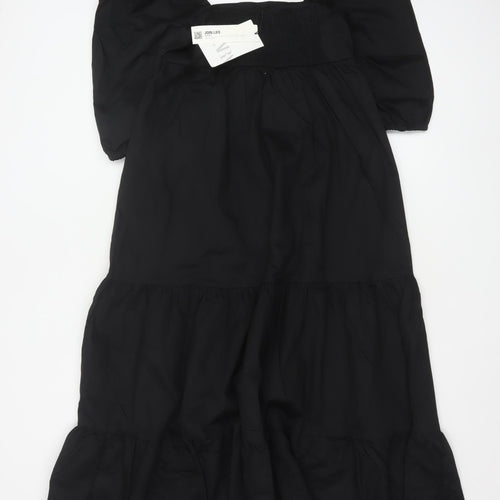 Zara Women Black XS Maxi Dress Square Neck Puff Sleeve Tiered Cotton