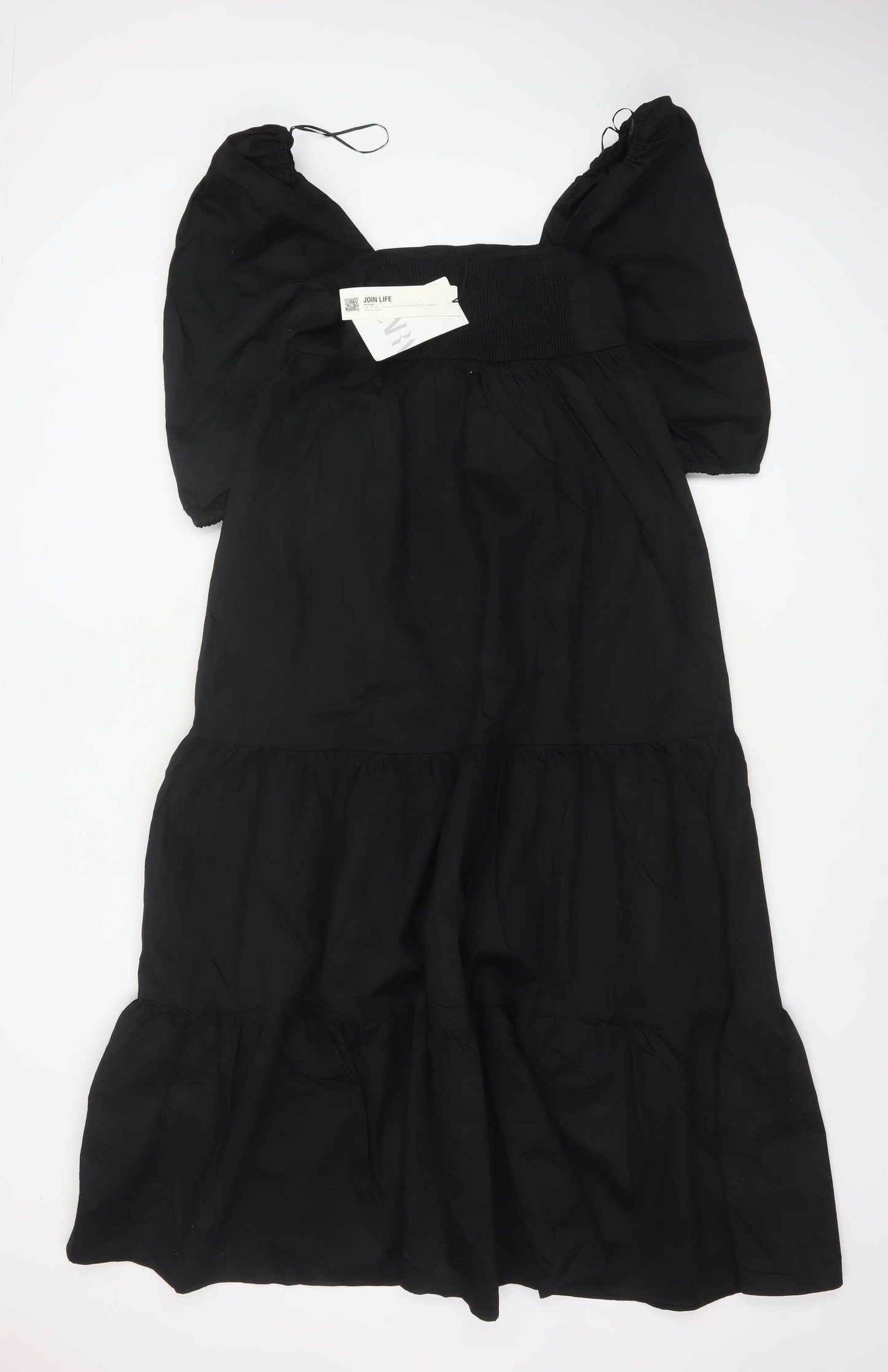 Zara Women Black XS Maxi Dress Square Neck Puff Sleeve Tiered Cotton