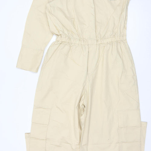 Zara Women Beige UK 14 One Shoulder Cotton Wide Leg Utility Jumpsuit