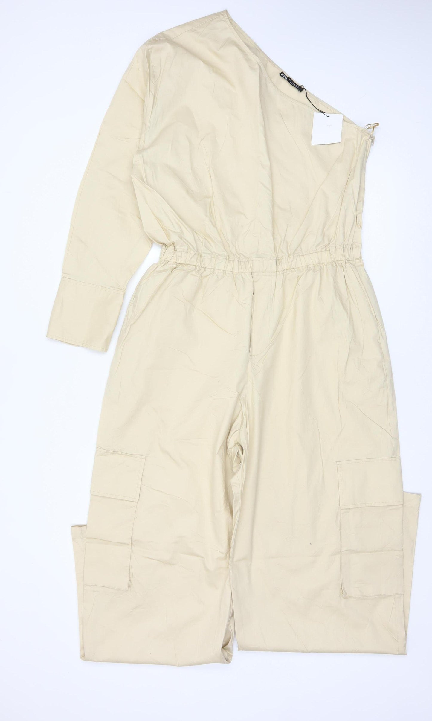 Zara Women Beige UK 14 One Shoulder Cotton Wide Leg Utility Jumpsuit