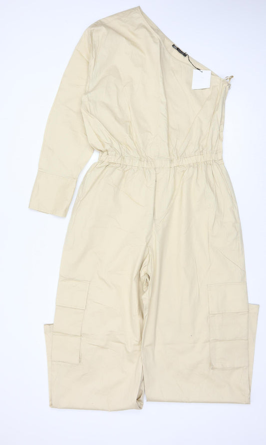 Zara Women Beige UK 14 One Shoulder Cotton Wide Leg Utility Jumpsuit