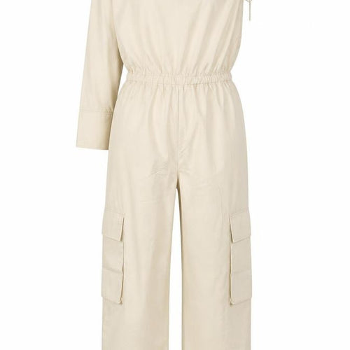 Zara Women Beige UK 14 One Shoulder Cotton Wide Leg Utility Jumpsuit