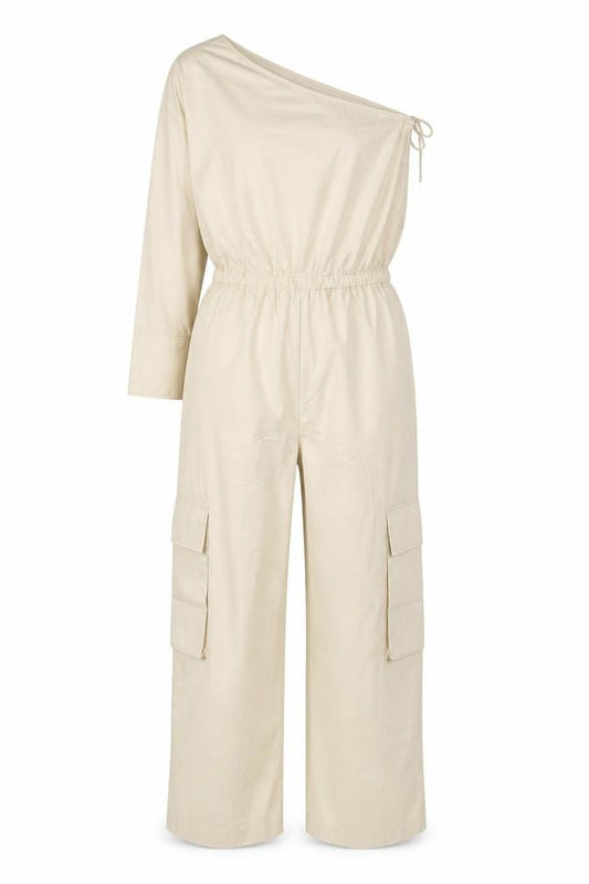 Zara Women Beige UK 14 One Shoulder Cotton Wide Leg Utility Jumpsuit