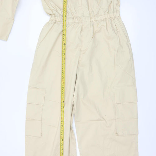 Zara Women Beige UK 14 One Shoulder Cotton Wide Leg Utility Jumpsuit