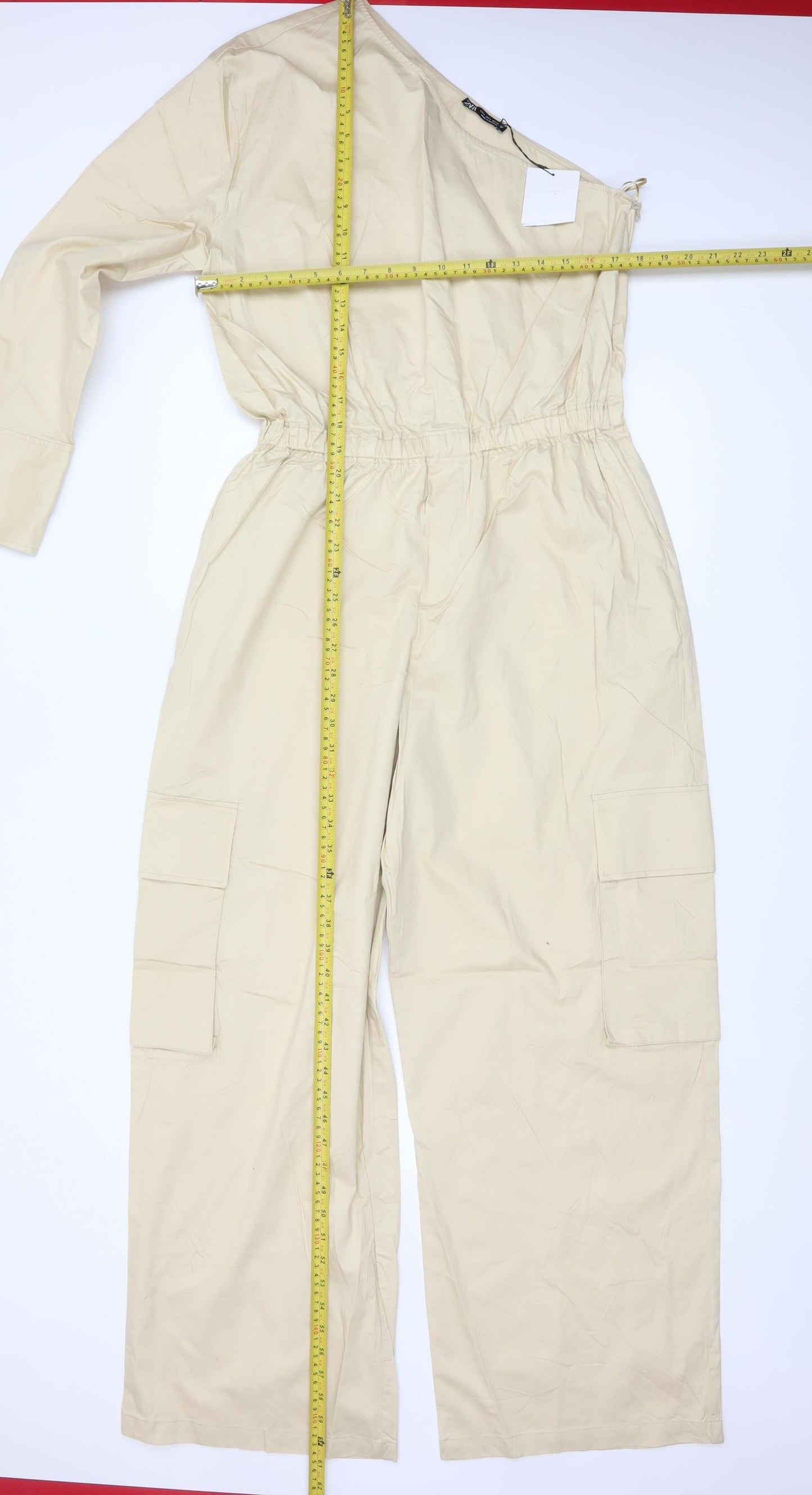 Zara Women Beige UK 14 One Shoulder Cotton Wide Leg Utility Jumpsuit
