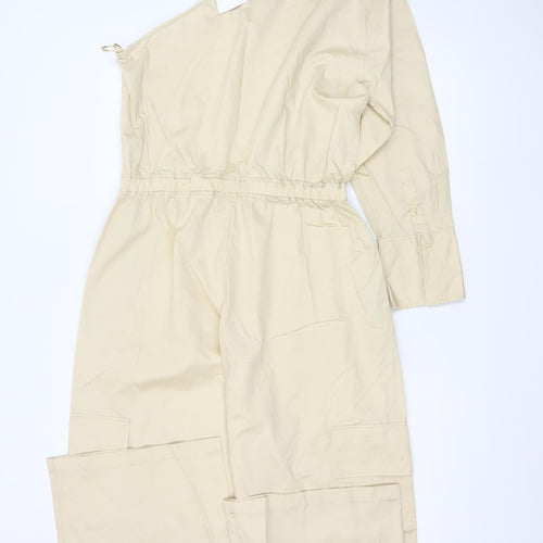 Zara Women Beige UK 14 One Shoulder Cotton Wide Leg Utility Jumpsuit
