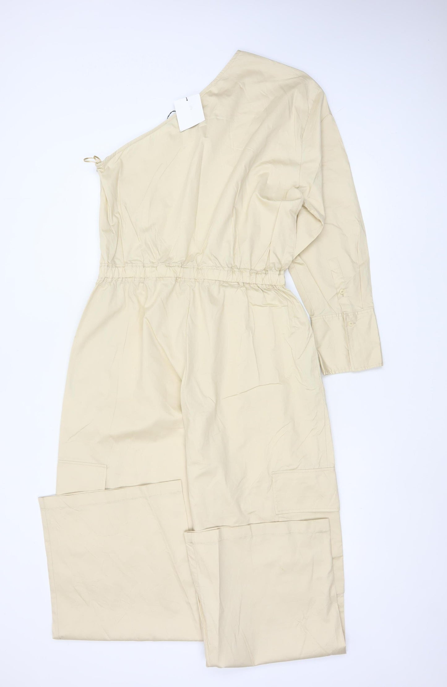 Zara Women Beige UK 14 One Shoulder Cotton Wide Leg Utility Jumpsuit