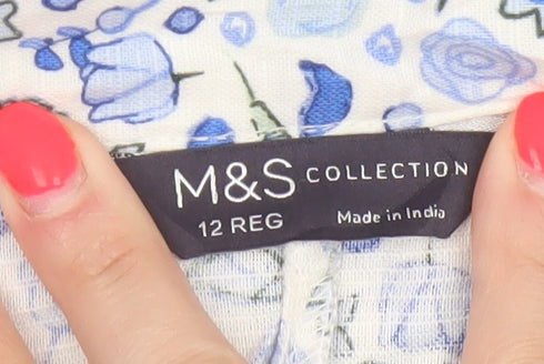 Marks & Spencer Women Blue Floral Cotton A-Line Midi Skirt UK 12