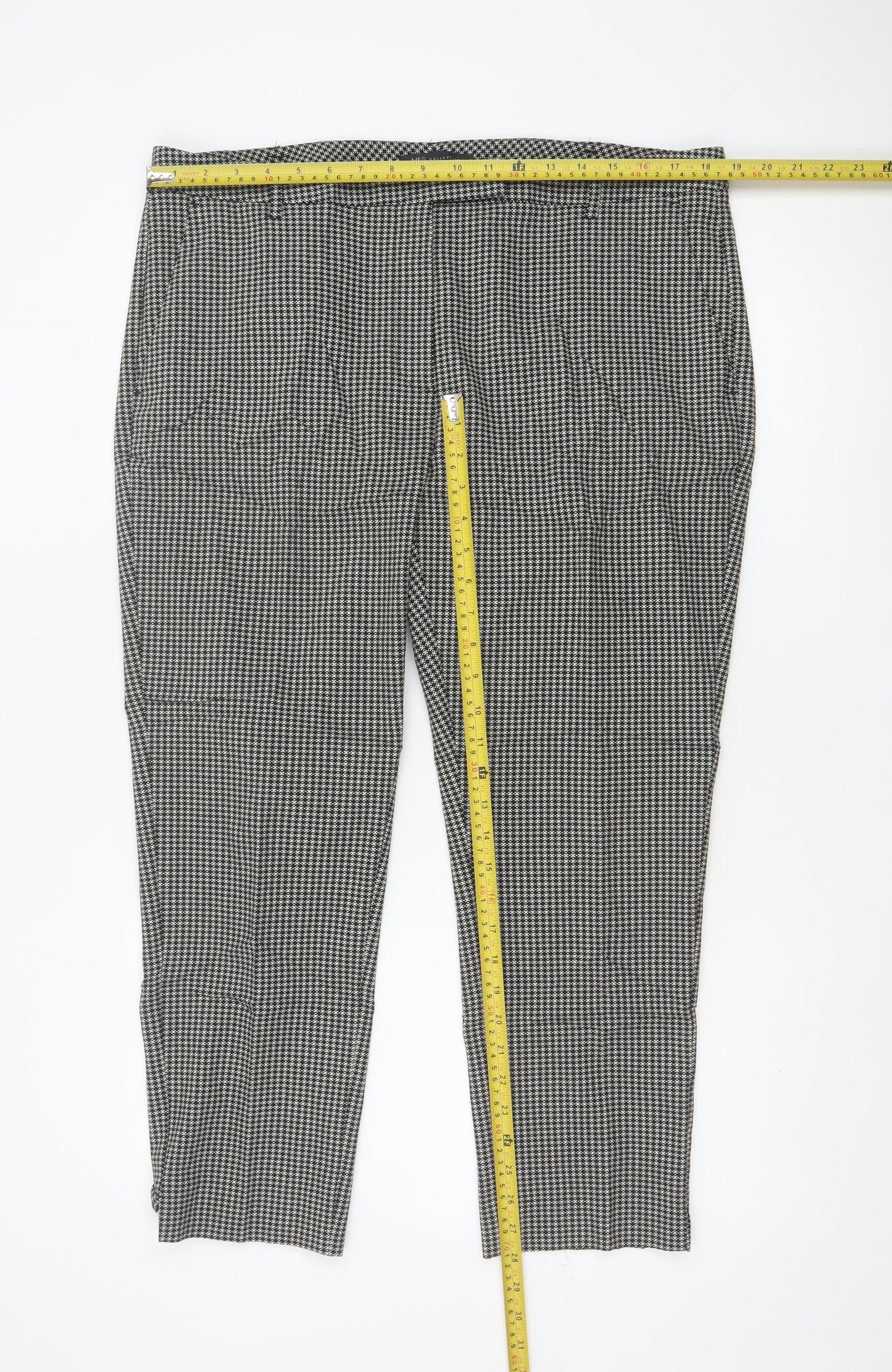 M&S Women Black Check Tapered Stretch Trousers UK 18 Short