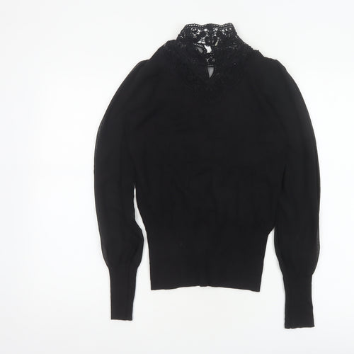 Oasis Women Black XS Lace High Neck Balloon Sleeve Knit Jumper