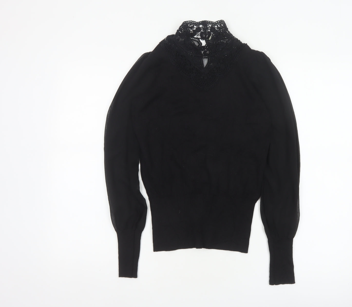 Oasis Women Black XS Lace High Neck Balloon Sleeve Knit Jumper