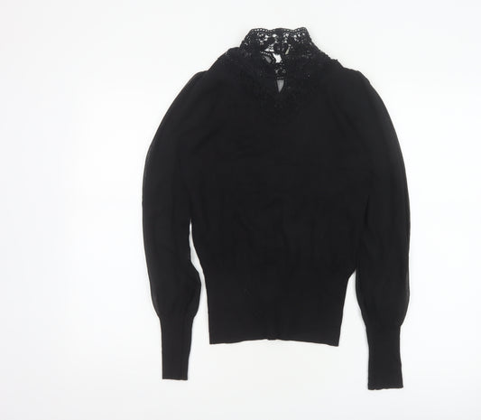 Oasis Women Black XS Lace High Neck Balloon Sleeve Knit Jumper