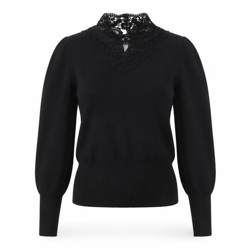 Oasis Women Black XS Lace High Neck Balloon Sleeve Knit Jumper