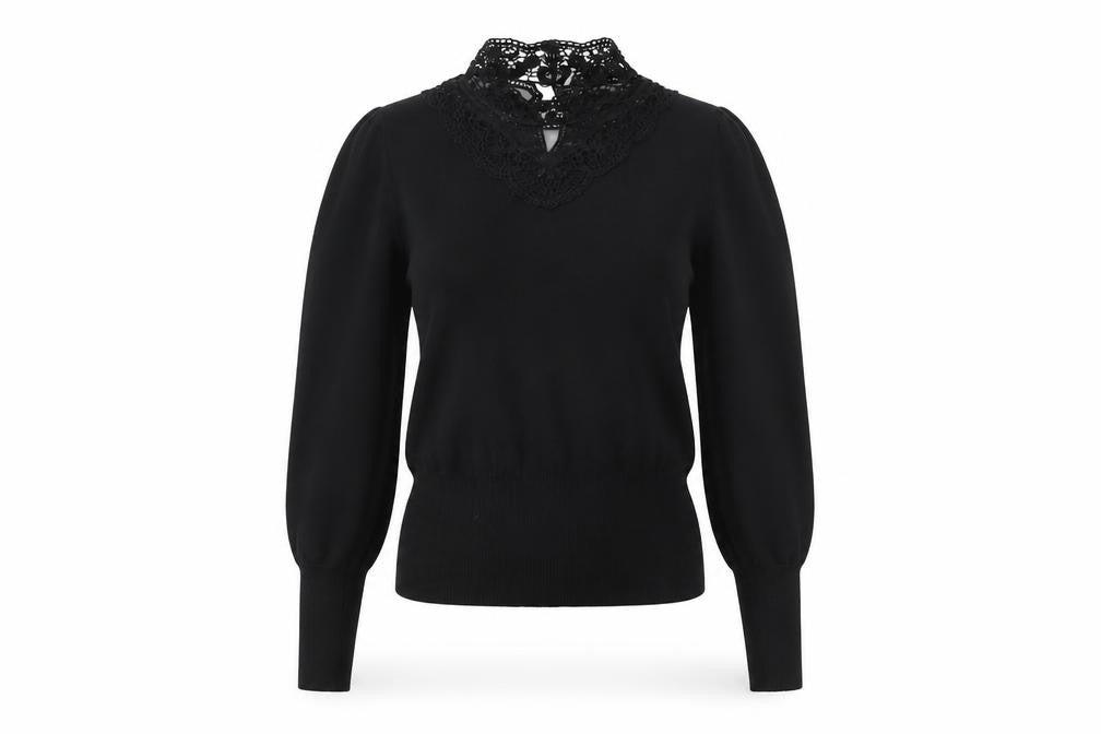 Oasis Women Black XS Lace High Neck Balloon Sleeve Knit Jumper
