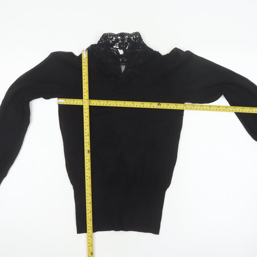 Oasis Women Black XS Lace High Neck Balloon Sleeve Knit Jumper