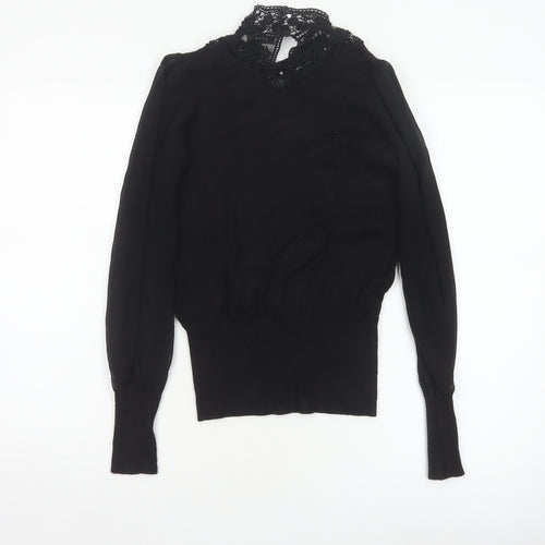 Oasis Women Black XS Lace High Neck Balloon Sleeve Knit Jumper