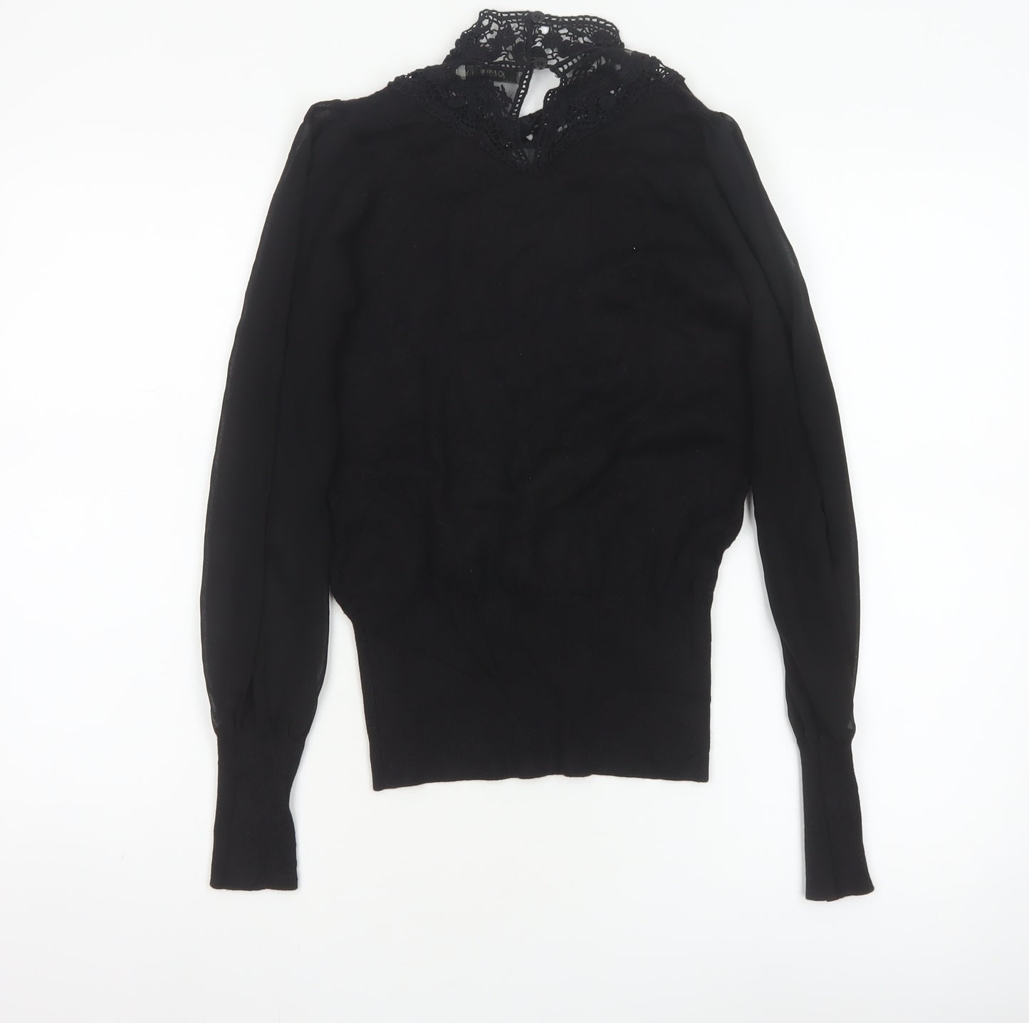 Oasis Women Black XS Lace High Neck Balloon Sleeve Knit Jumper