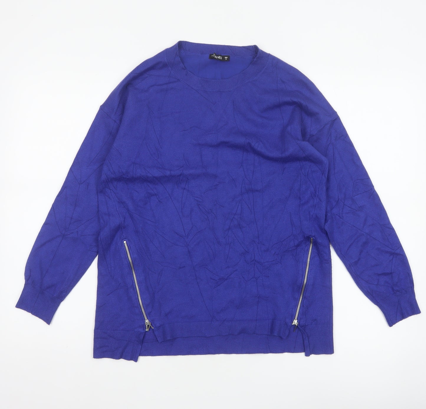 Dunnes Women Blue S Fine Knit Crew Neck Zip Hem Jumper