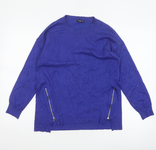 Dunnes Women Blue S Fine Knit Crew Neck Zip Hem Jumper