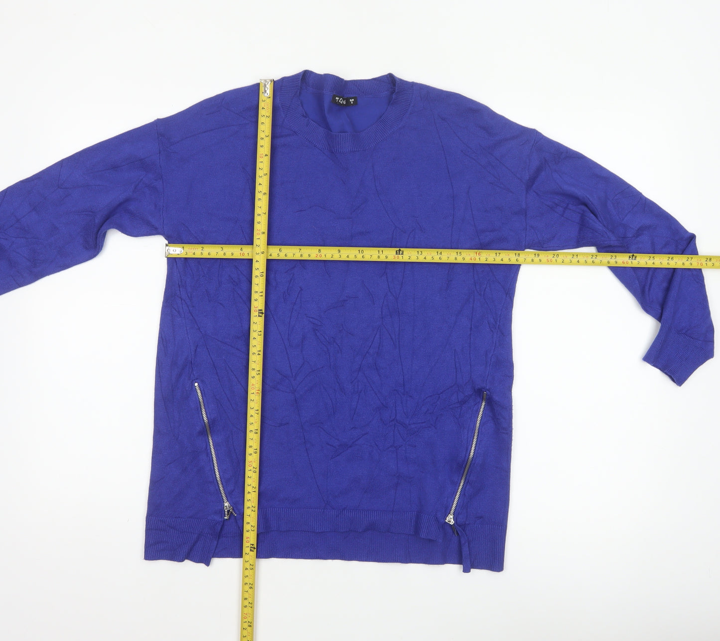 Dunnes Women Blue S Fine Knit Crew Neck Zip Hem Jumper